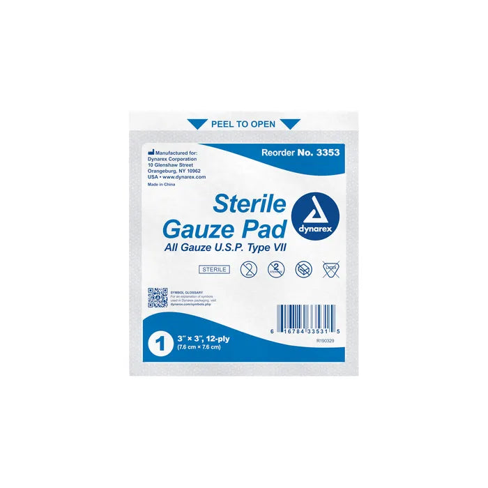 Dynarex Gauze Sponges, Single Sterile Pack, Various Sizes, Various Quantities