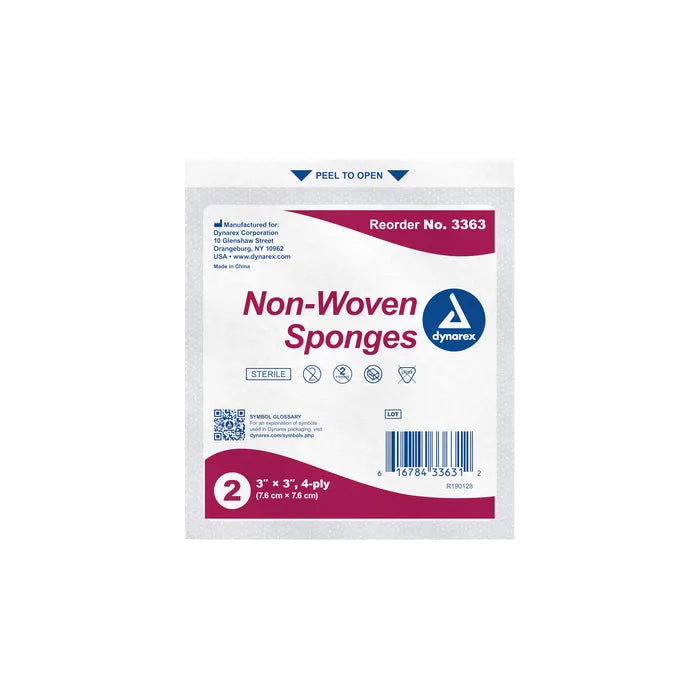 Dynarex Non-Woven Sponges, 2 per Sterile Pack, 4 ply, Various Sizes, Various Quantities